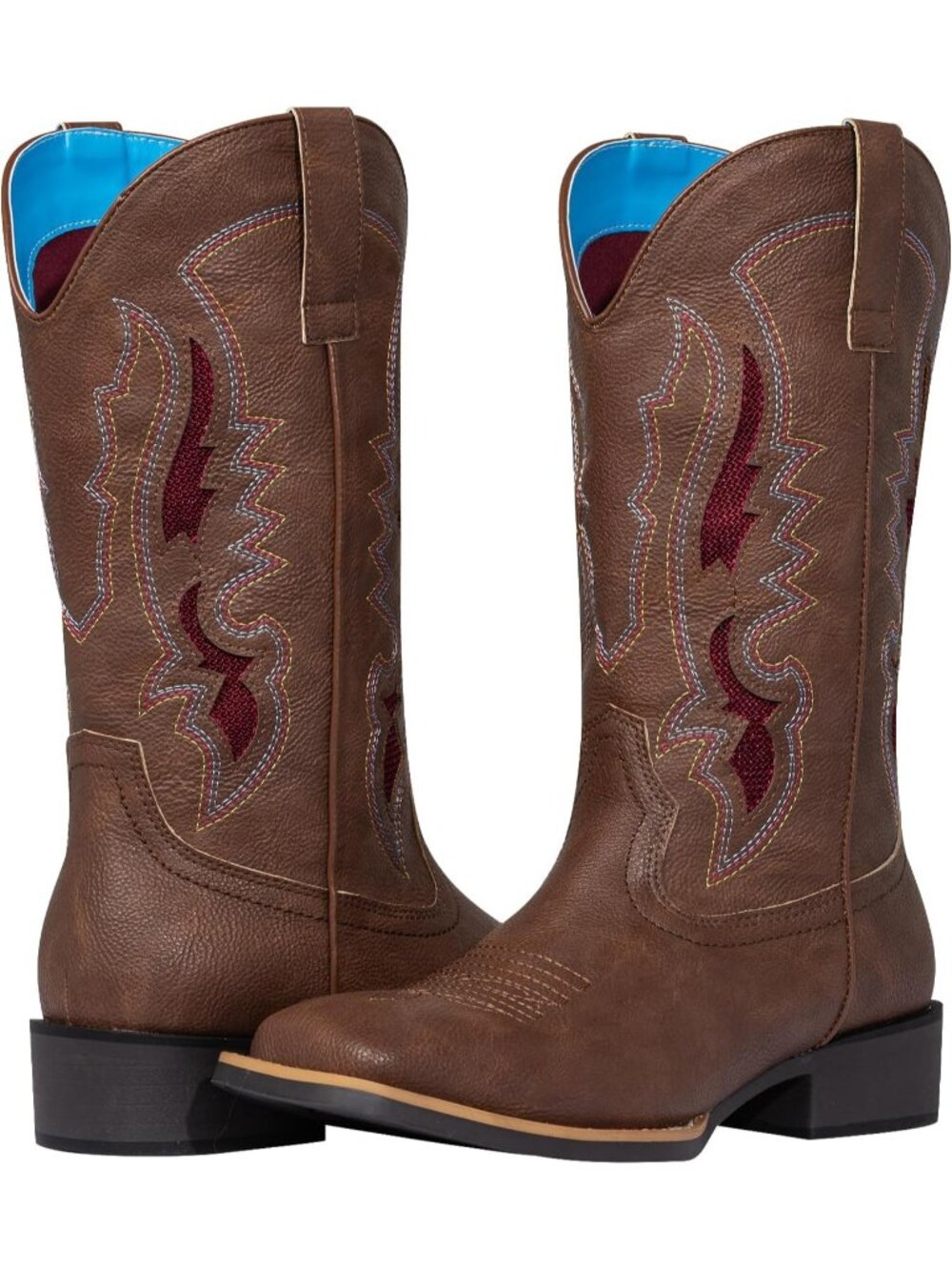 Women’s Brown Mid Calf Square Toe Embroidered Cowboy Boots